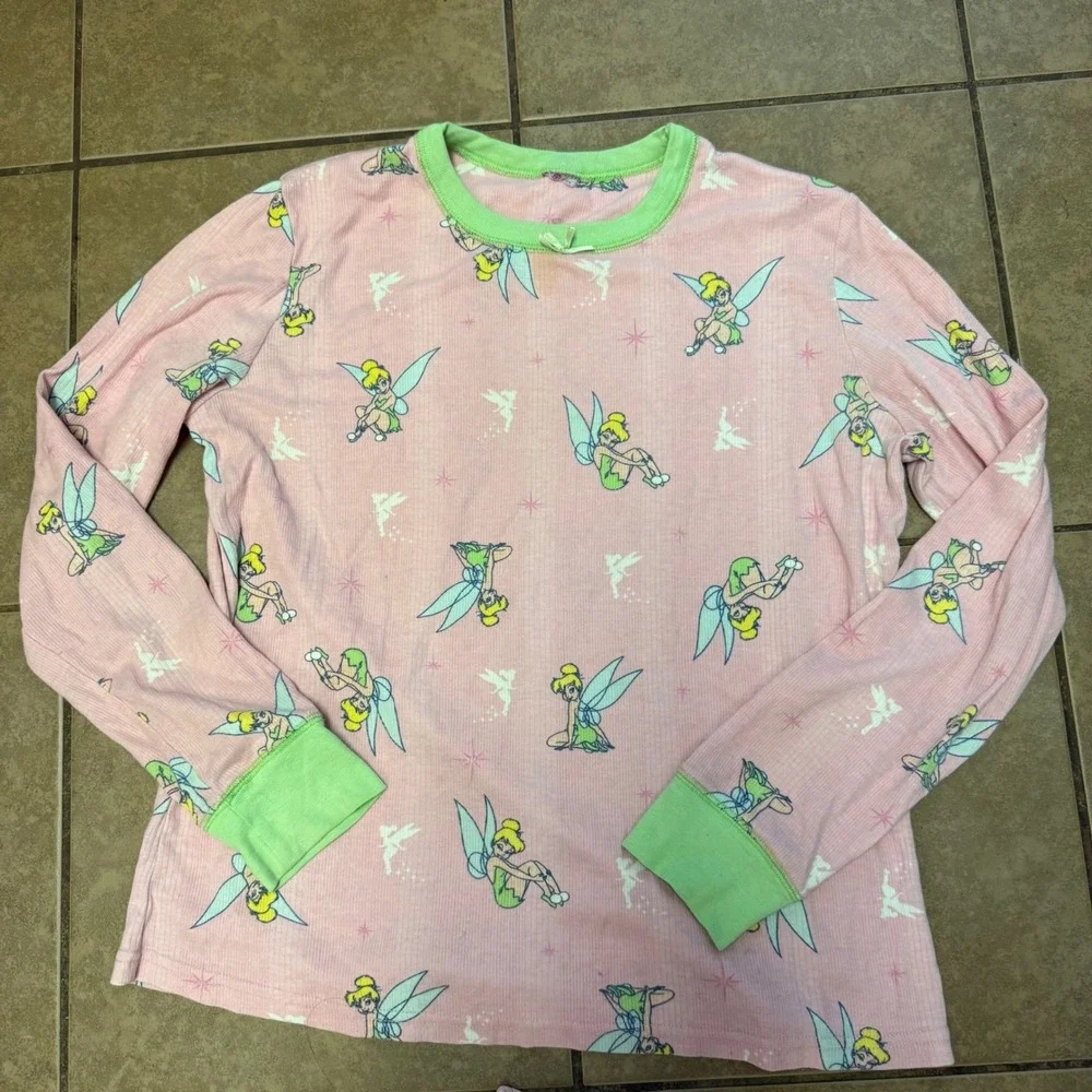 Disney Large Pink Green‎ Long Sleeve Tinkerbell Pajama Set Sleepwear Loungewear